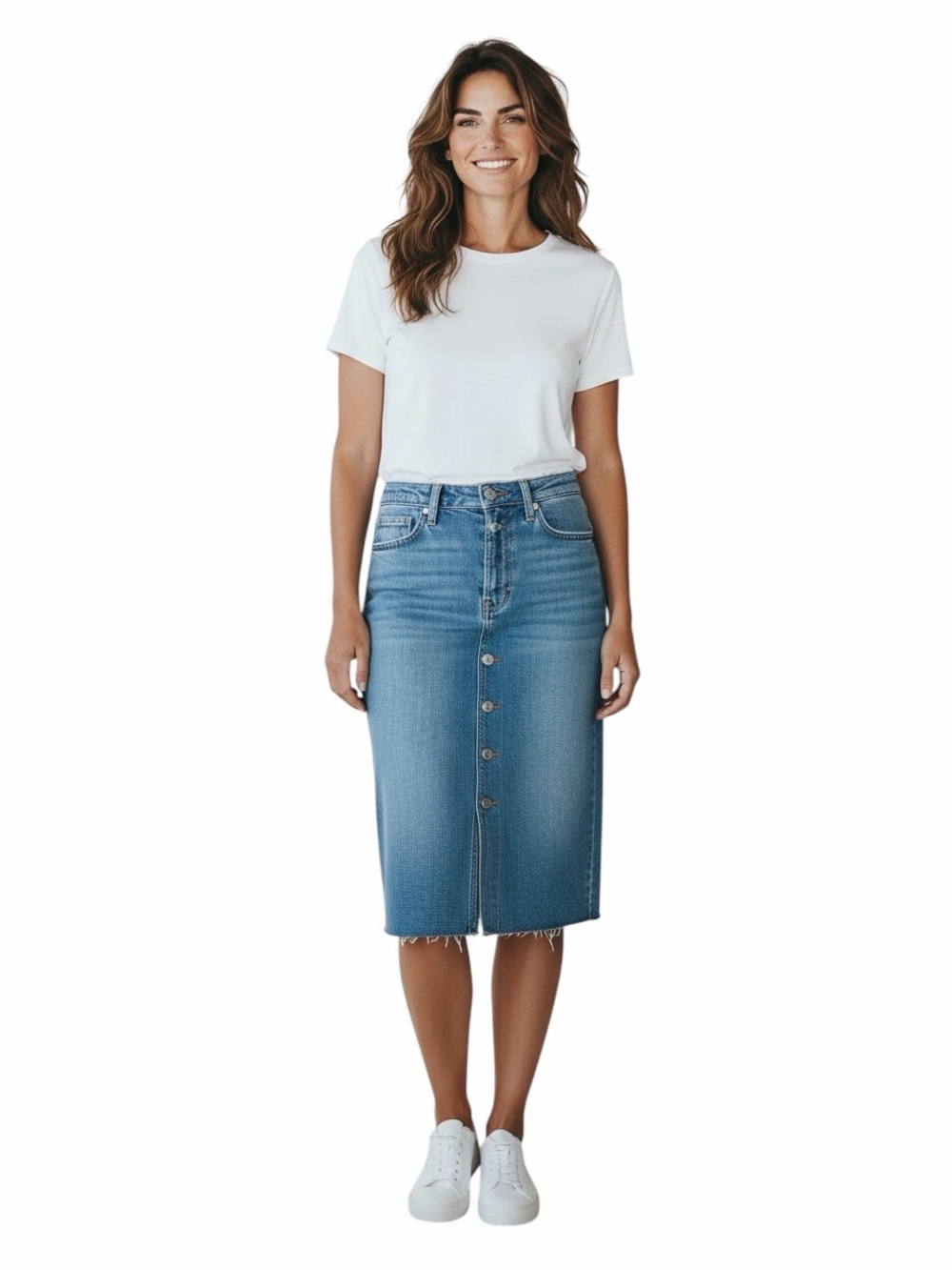 Abercrombie & Fitch•Natural Rise Denim Midi Skirt with Front Button Closure